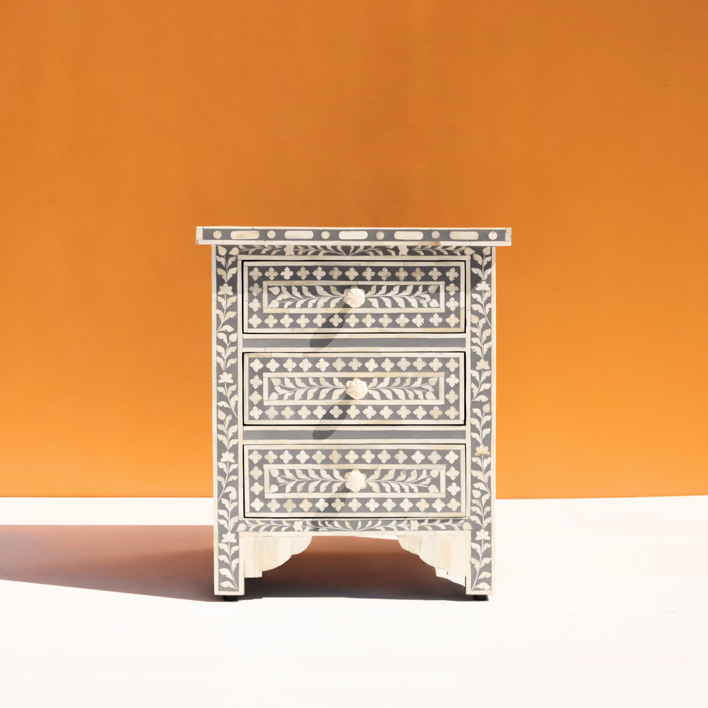 Handcrafted Grey Bone Inlay 3 Drawer Bedside Table
