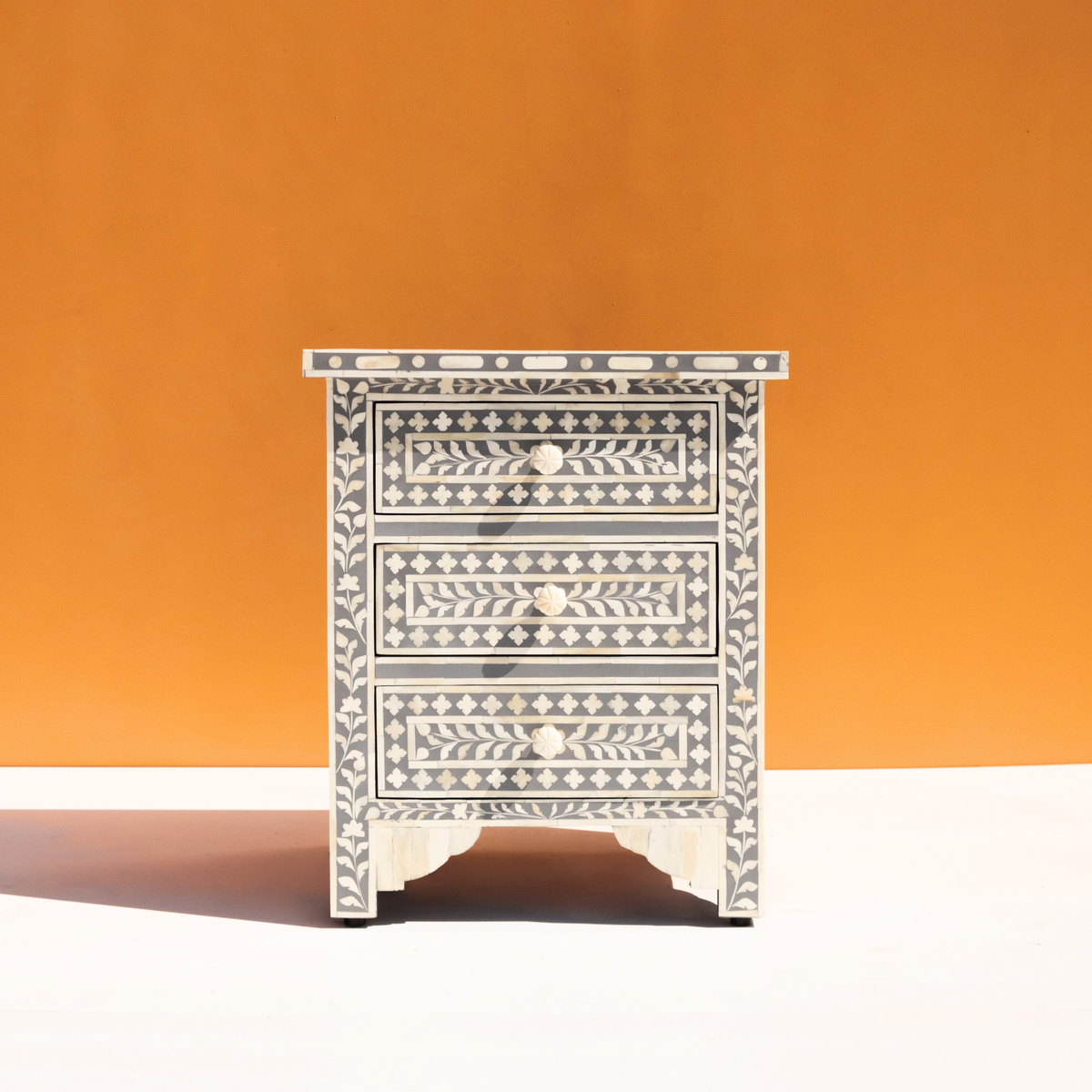 Handcrafted Grey Bone Inlay 3 Drawer Bedside Table