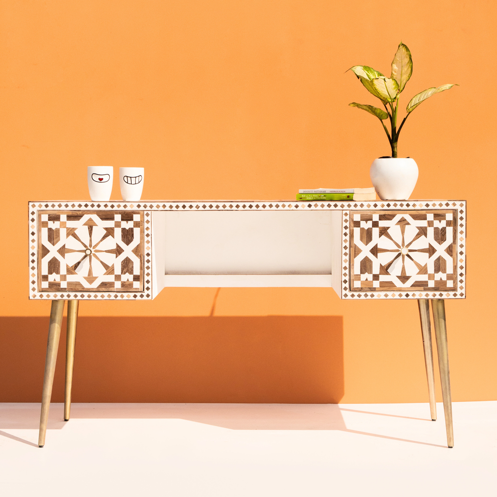 Bone Inlay 2 Drawers Study Office Desk Moroccan Pattern
