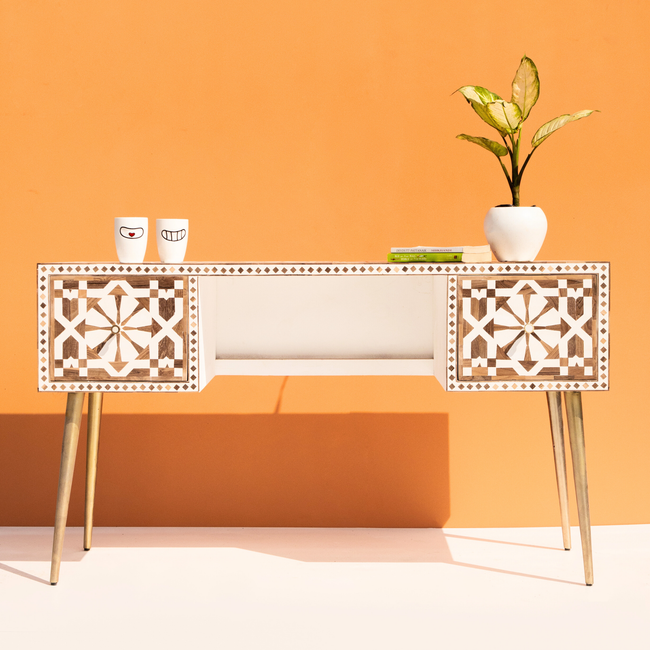 Bone Inlay 2 Drawers Study Office Desk Moroccan Pattern Main Image