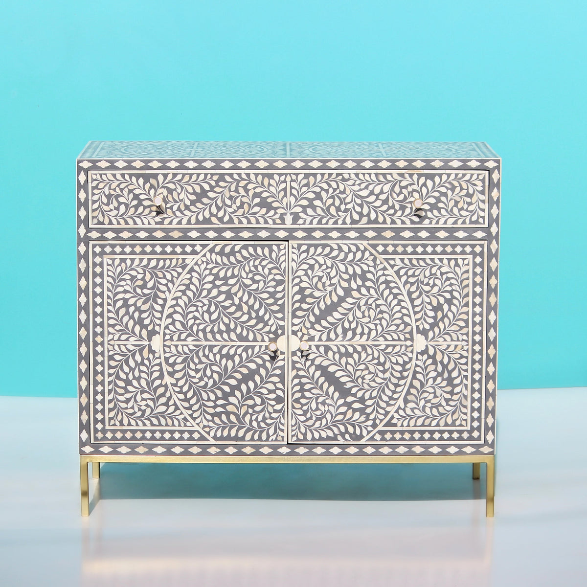 Prayagraj Floral Bone Inlay Cabinet with Gold-Finish Legs – 2 Door