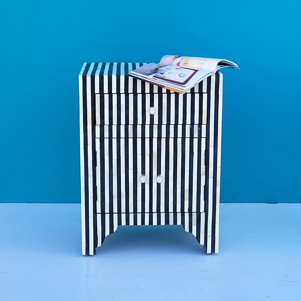 Keshari Black And White Striped Pattern Bone Inlay 2 Drawers Bedside Table