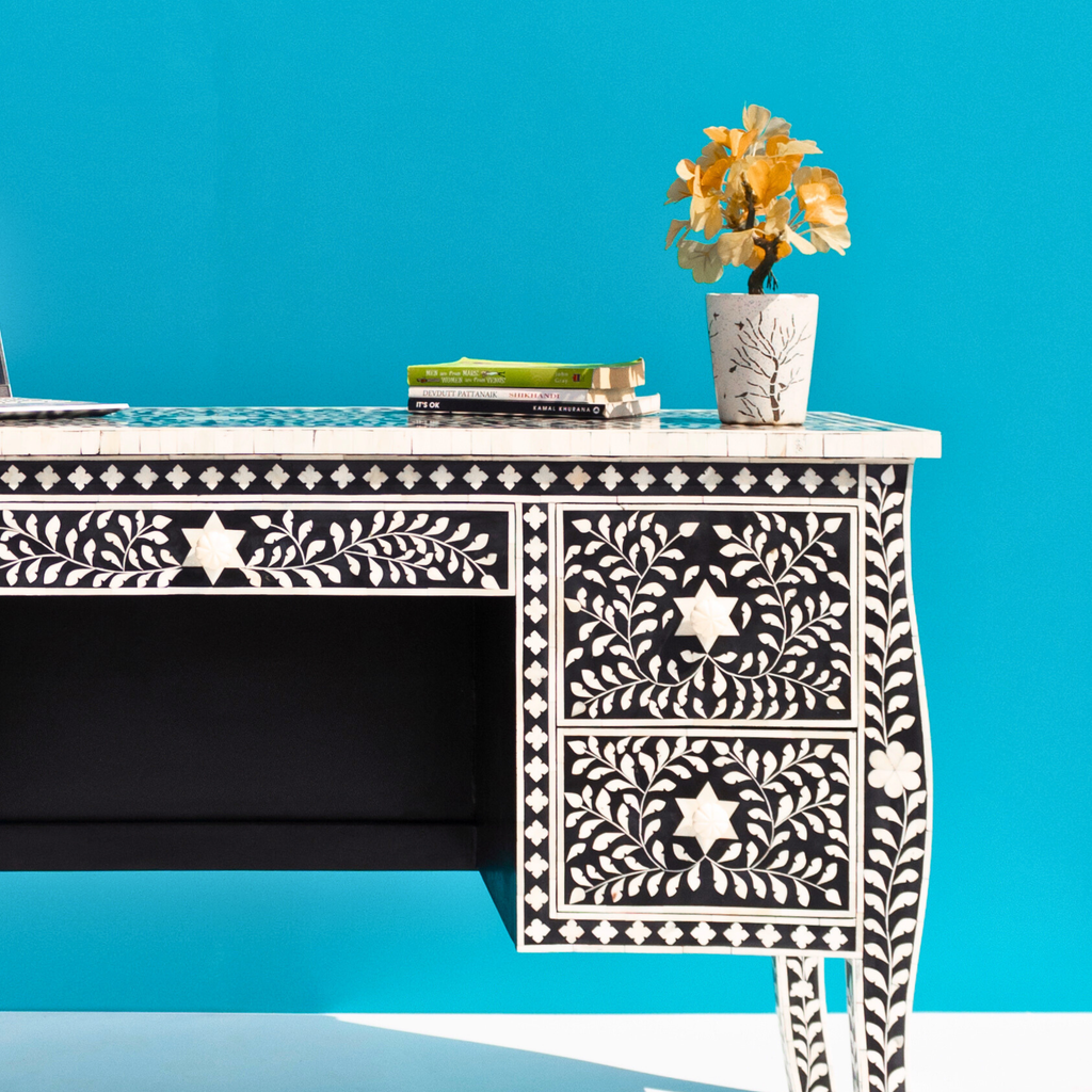 Sheesh Mahal Black Floral Bone Inlay 5-Drawer Office/Home Desk