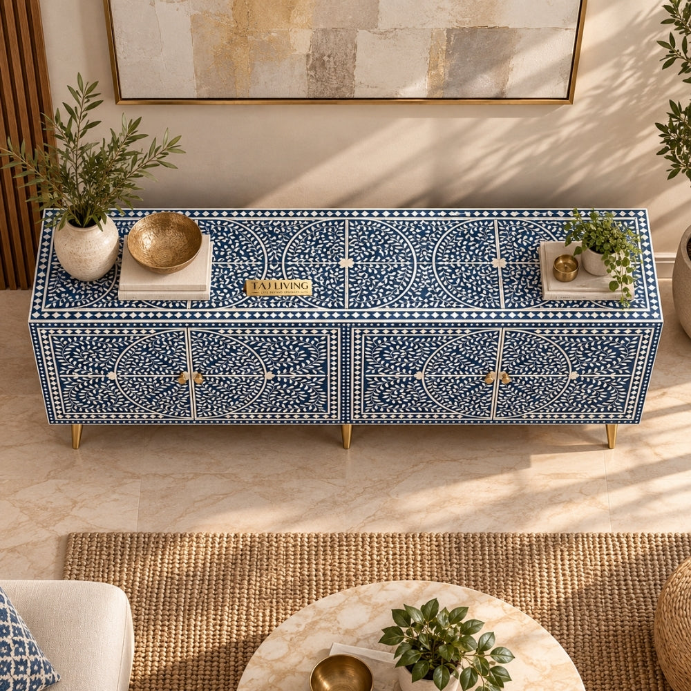 Bone Inlay Blue & White Floral 4-Door TV Unit Media Cabinet