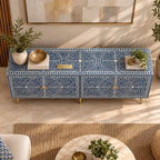 Bone Inlay Blue & White Floral 4-Door TV Unit Media Cabinet