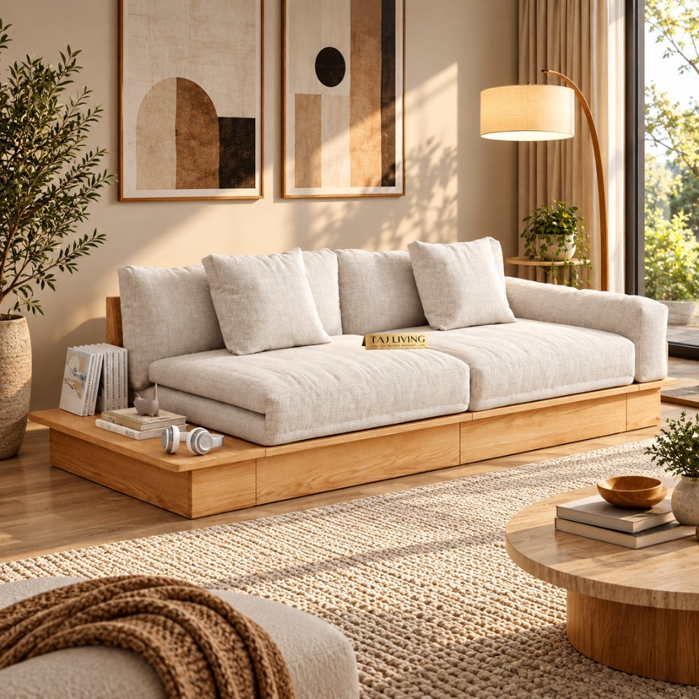 Beige Cotton Linen Sleeper Upholstered Sofa Cum Bed