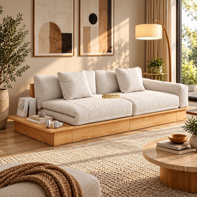 Beige Cotton Linen Sleeper Upholstered Sofa Cum Bed Hover Image
