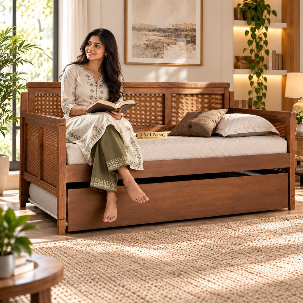 Khaas Solid Wood Upholstered Natural Cane Sofa Cum Bed