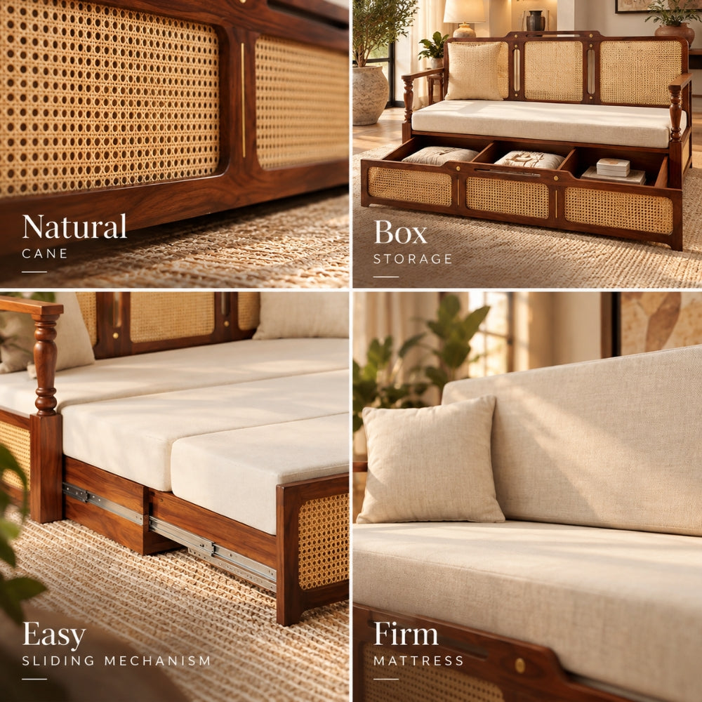 Ayaana Teak Wood 3 Seater Sofa Cum Bed with Cane Weaving | Opens to Double Bed (78x62)