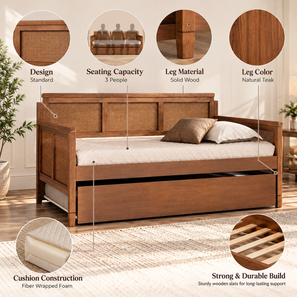Khaas Solid Wood Upholstered Natural Cane Sofa Cum Bed