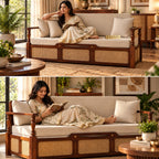 Ayaana Teak Wood 3 Seater Sofa Cum Bed with Cane Weaving | Opens to Double Bed (78x62)