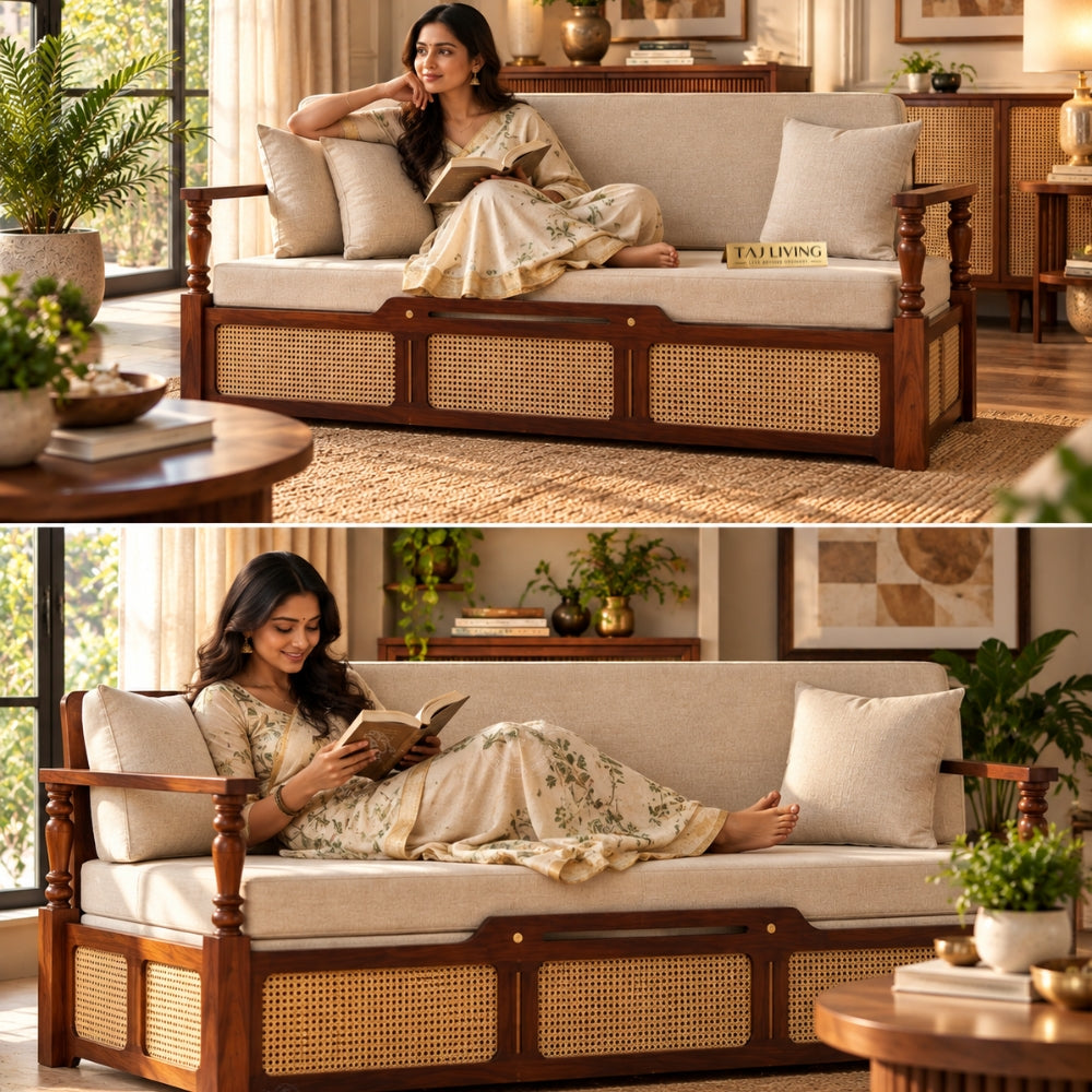 Ayaana Teak Wood 3 Seater Sofa Cum Bed with Cane Weaving | Opens to Double Bed (78x62)