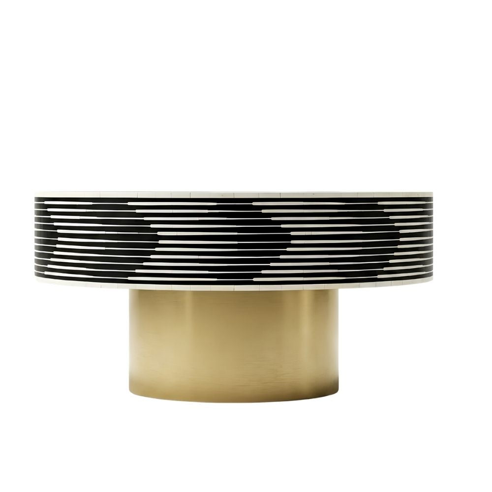 Bone Inlay Round Coffee Table, Black and White Luxury Table with Brass Base