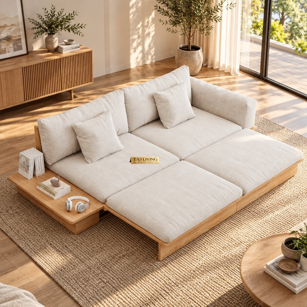 Beige Cotton Linen Sleeper Upholstered Sofa Cum Bed