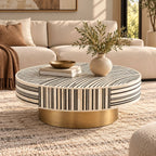 Black & White Bone Inlay Round Coffee Table with Brass Base