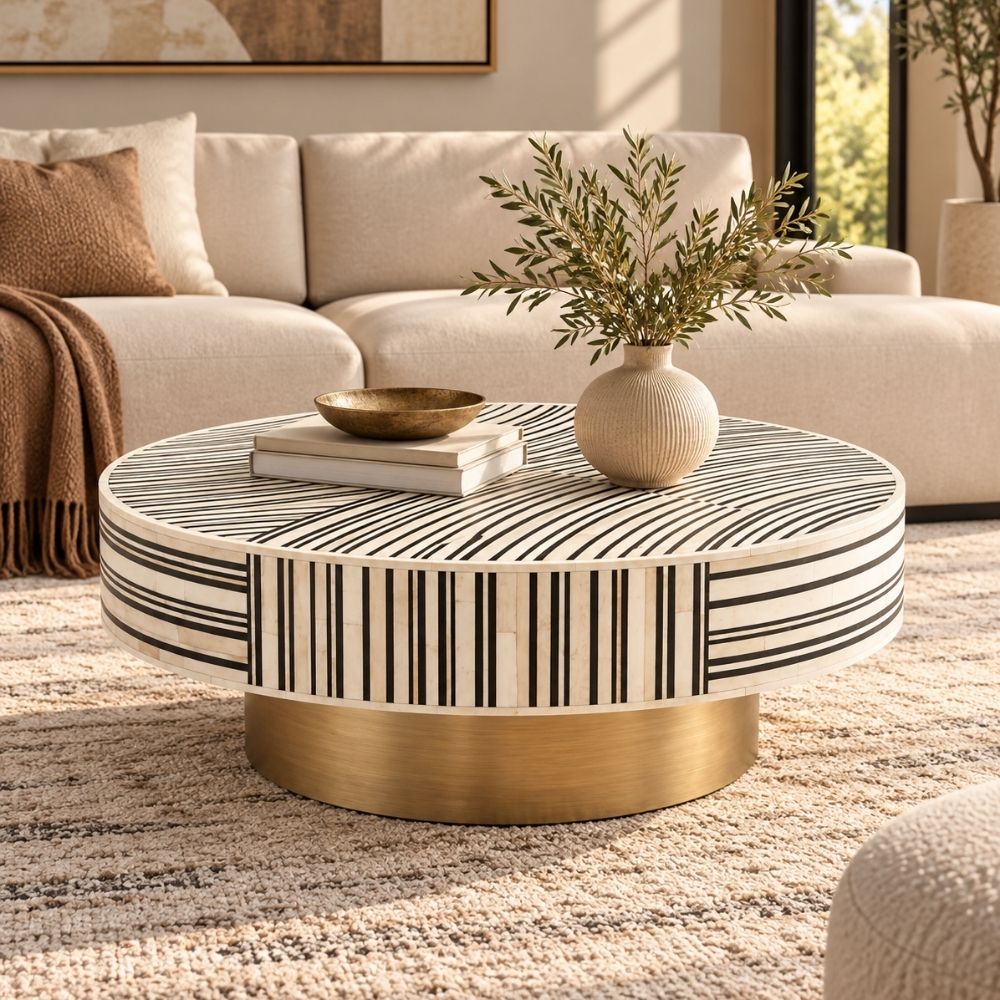 Black & White Bone Inlay Round Coffee Table with Brass Base