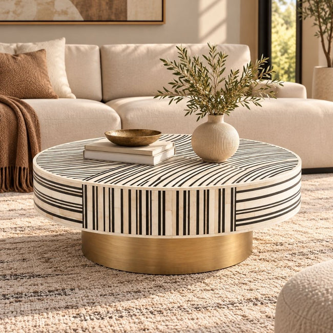 Black & White Bone Inlay Round Coffee Table with Brass Base Hover Image