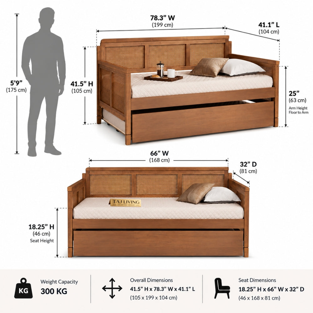 Khaas Solid Wood Upholstered Natural Cane Sofa Cum Bed