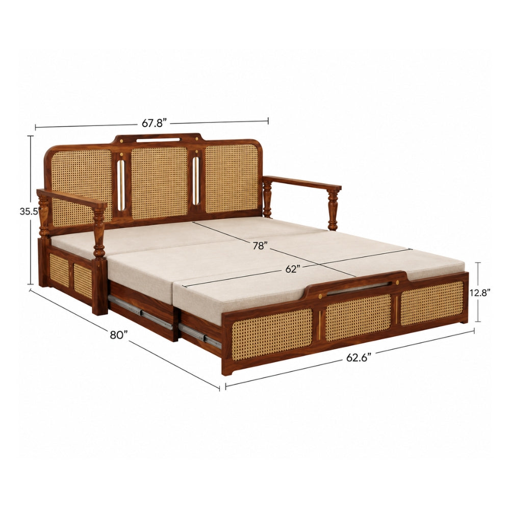 Ayaana Teak Wood 3 Seater Sofa Cum Bed with Cane Weaving | Opens to Double Bed (78x62)