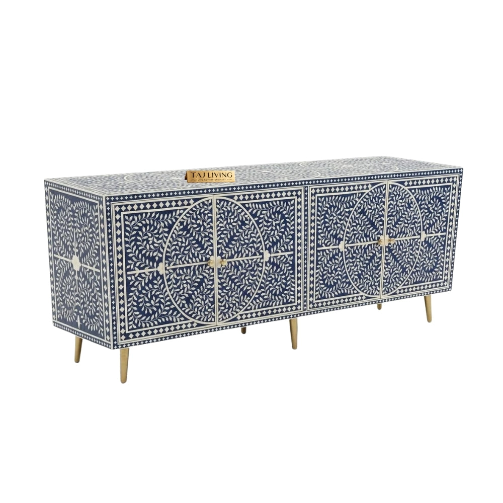 Bone Inlay Blue & White Floral 4-Door TV Unit Media Cabinet