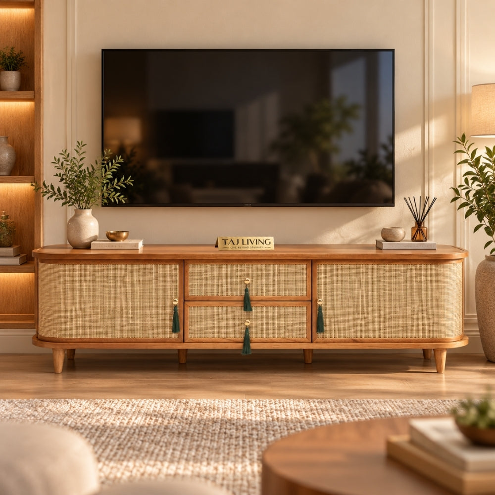 Filmoma Solid Wood & Cane TV Unit – Natural Wooden TV Console
