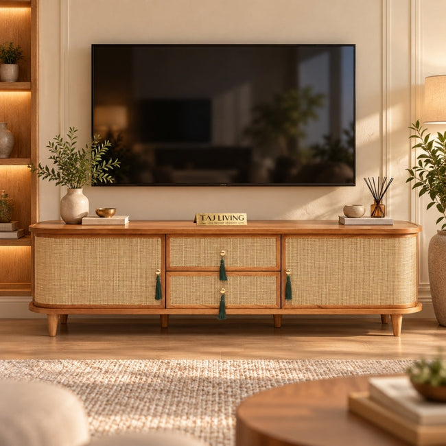 Filmoma Solid Wood & Cane TV Unit – Natural Wooden TV Console Hover Image
