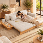 Beige Cotton Linen Sleeper Upholstered Sofa Cum Bed