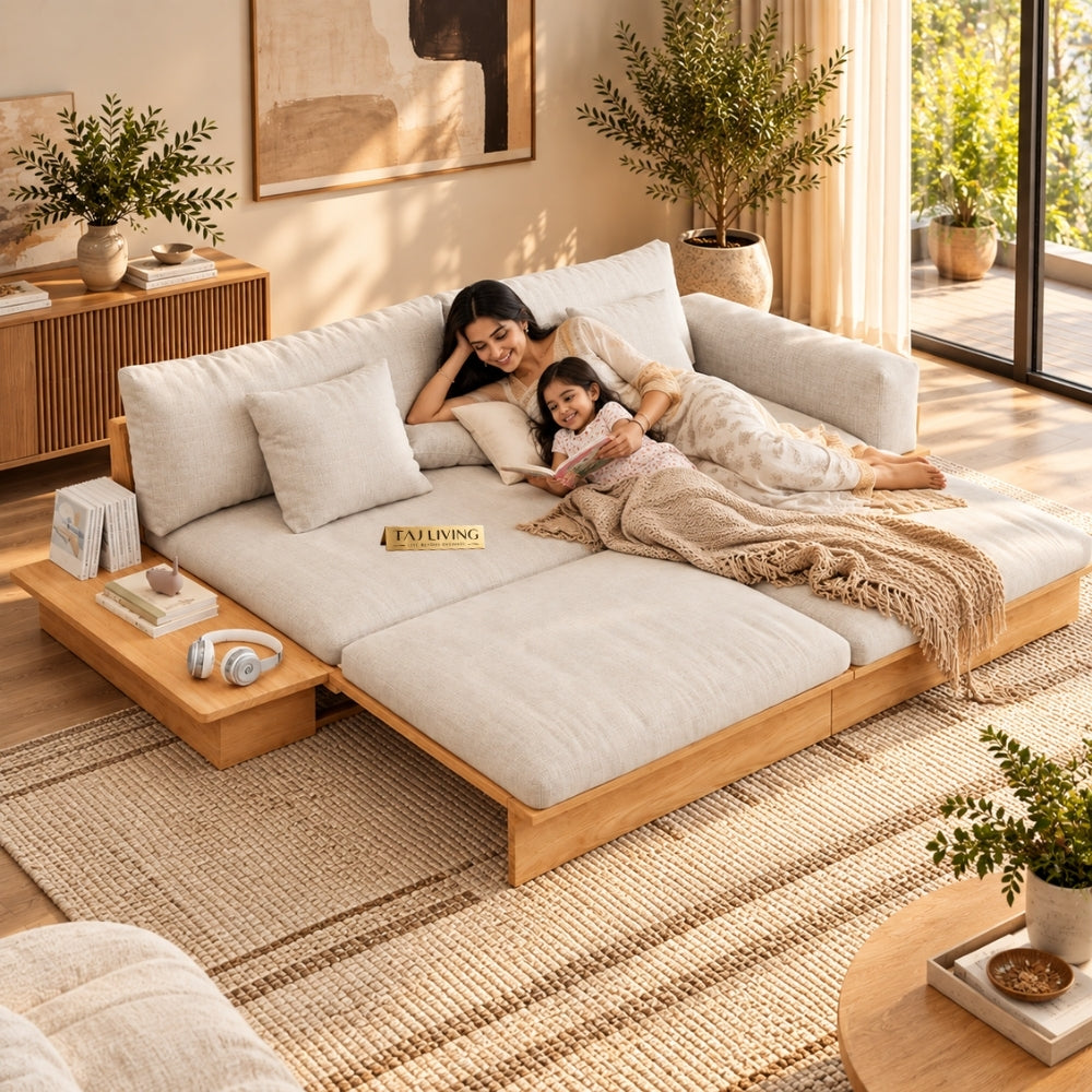 Beige Cotton Linen Sleeper Upholstered Sofa Cum Bed