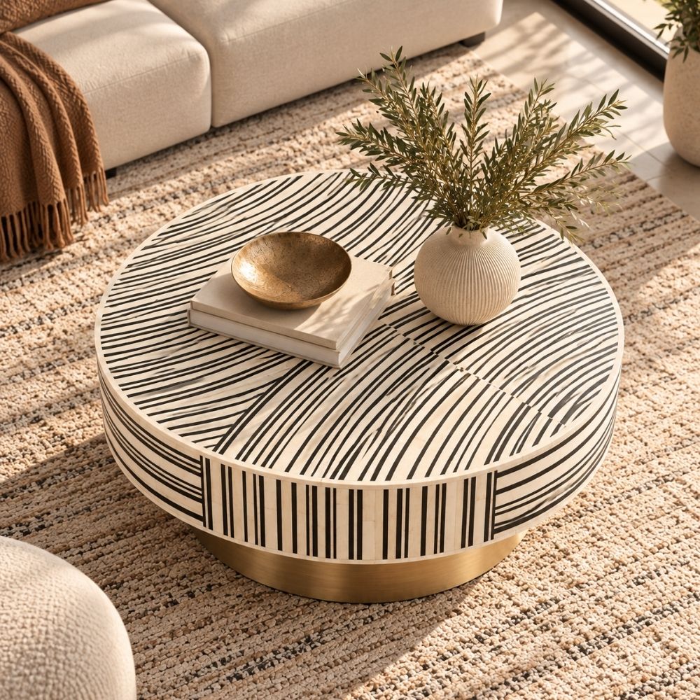 Black & White Bone Inlay Round Coffee Table with Brass Base