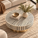 Black & White Bone Inlay Round Coffee Table with Brass Base