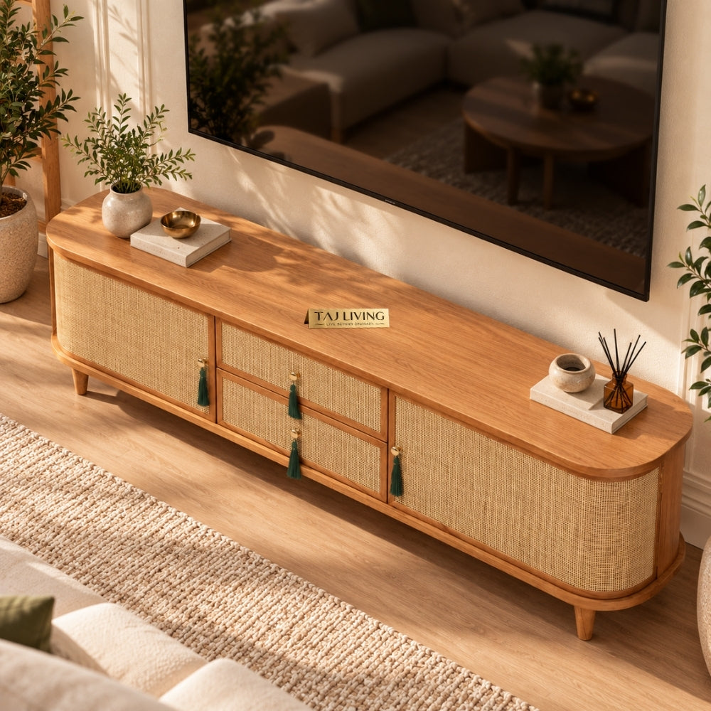 Filmoma Solid Wood & Cane TV Unit – Natural Wooden TV Console