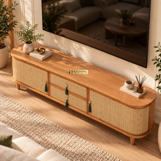 Filmoma Solid Wood & Cane TV Unit – Natural Wooden TV Console Main Image