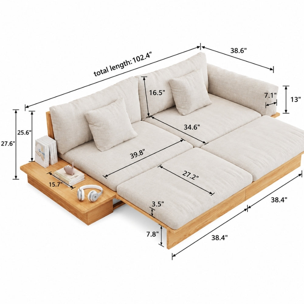 Beige Cotton Linen Sleeper Upholstered Sofa Cum Bed