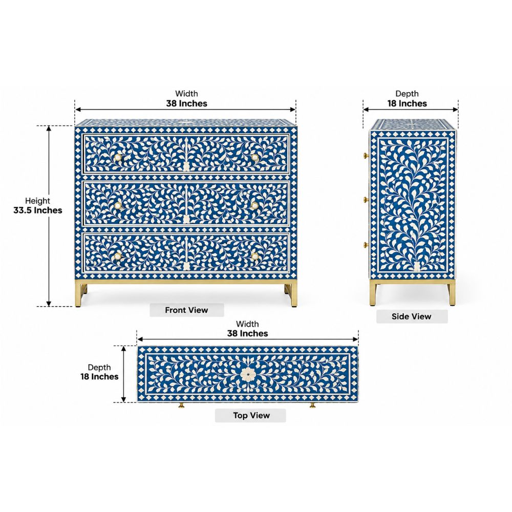 Mewarika Blue & White Bone Inlay Chest 6 Drawer Floral Pattern
