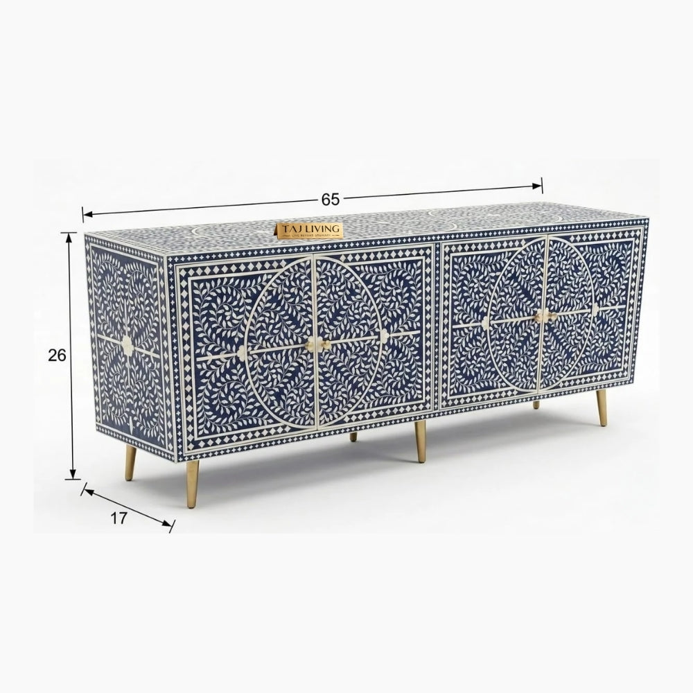Bone Inlay Blue & White Floral 4-Door TV Unit Media Cabinet