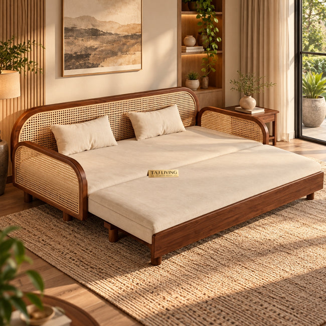 Foldable & Extendable Cane Sofa Cumbed – Convertible Sofa Bed for Living Room Main Image