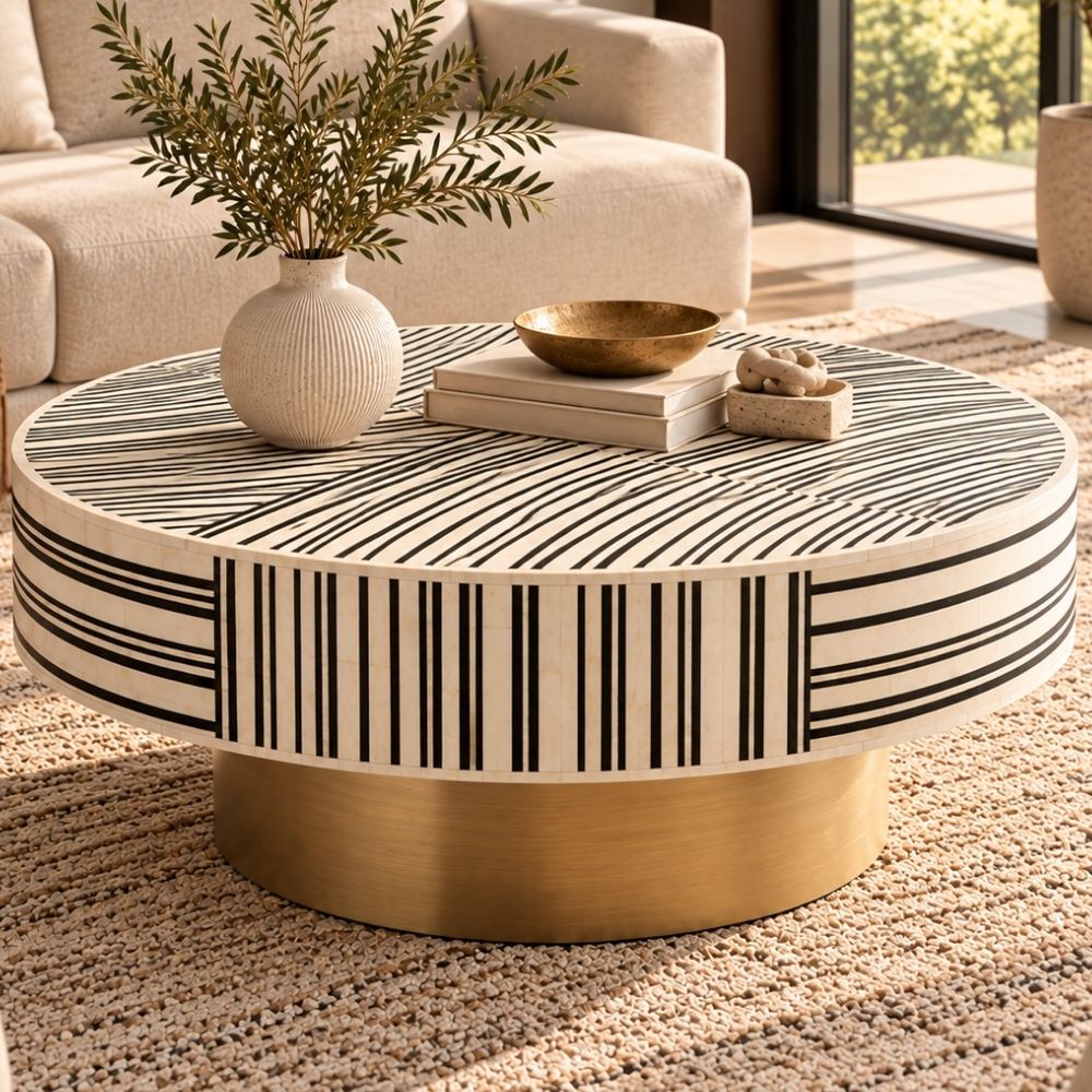 Black & White Bone Inlay Round Coffee Table with Brass Base