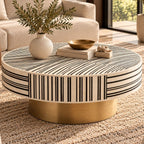Black & White Bone Inlay Round Coffee Table with Brass Base