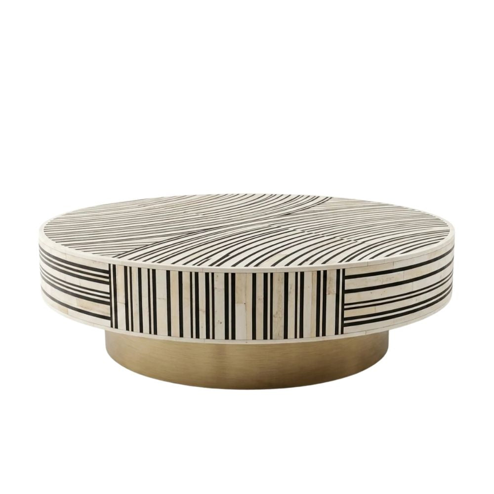 Black & White Bone Inlay Round Coffee Table with Brass Base