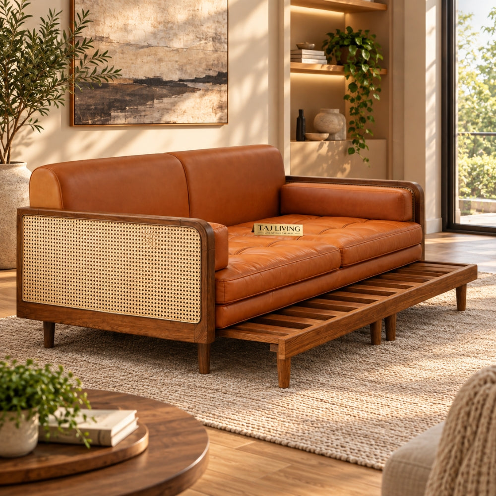 Nawabi Cane Panel Solid Teakwood 3-Seater Sofa Cum Bed