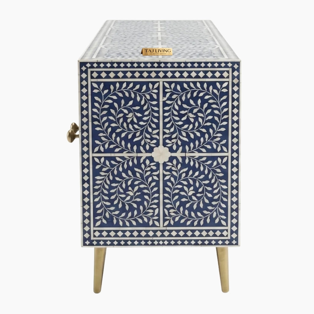 Bone Inlay Blue & White Floral 4-Door TV Unit Media Cabinet