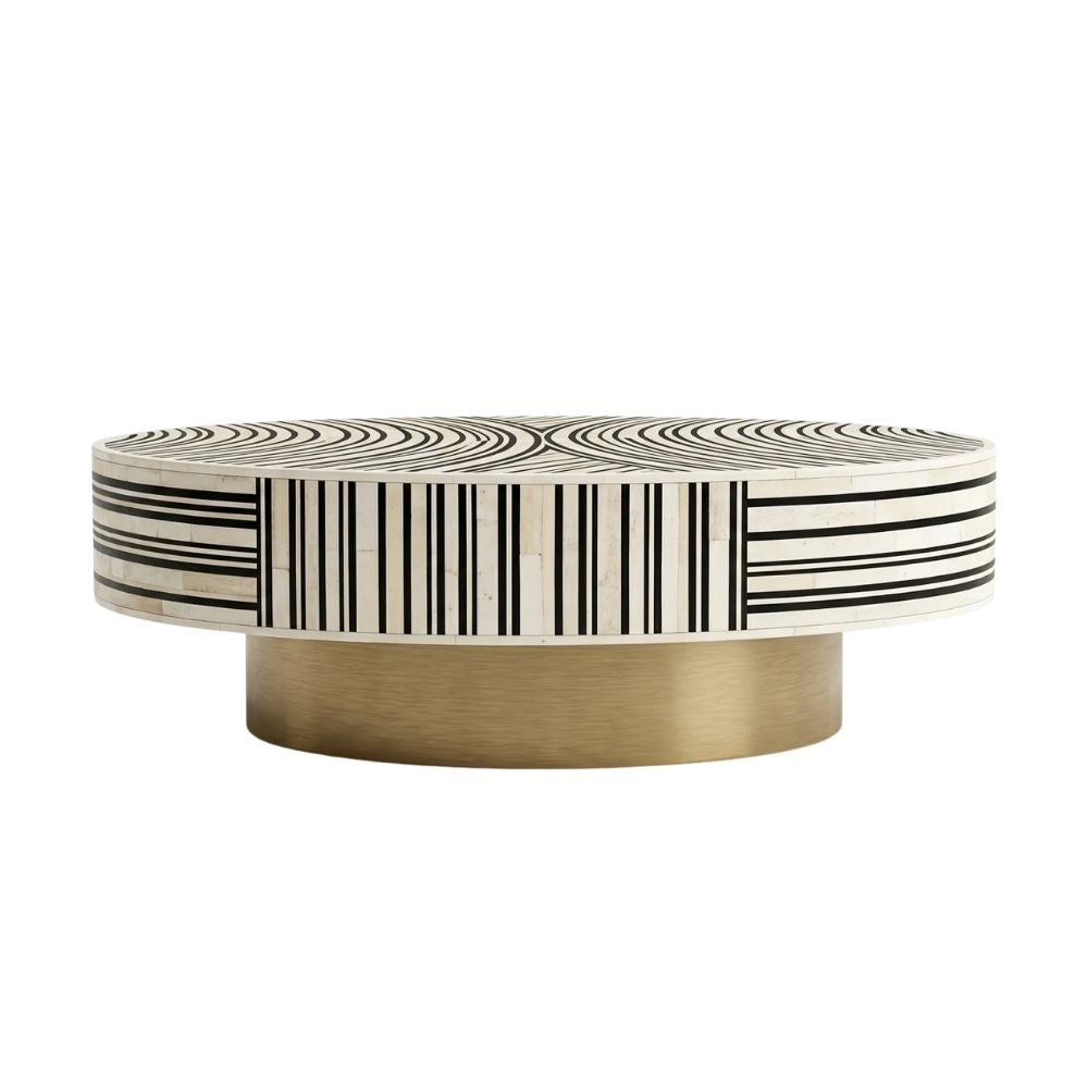 Black & White Bone Inlay Round Coffee Table with Brass Base