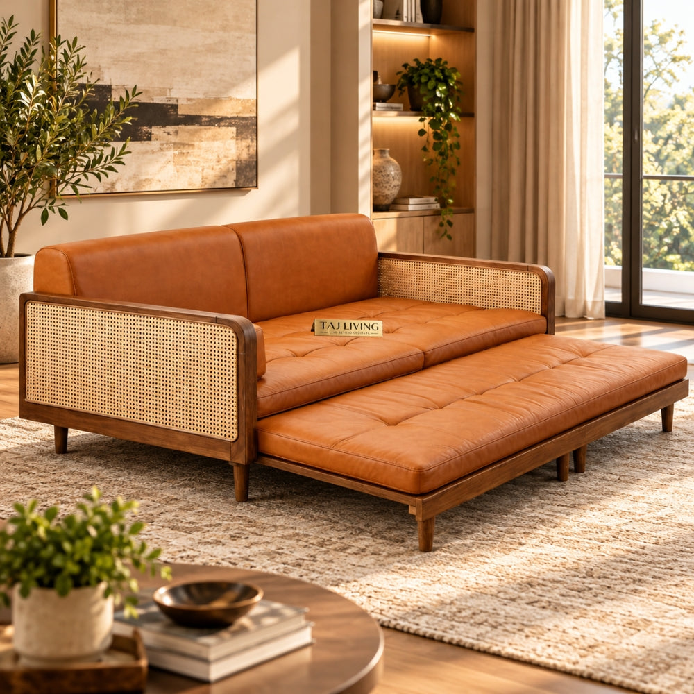 Nawabi Cane Panel Solid Teakwood 3-Seater Sofa Cum Bed