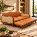 Nawabi Cane Panel Solid Teakwood 3-Seater Sofa Cum Bed