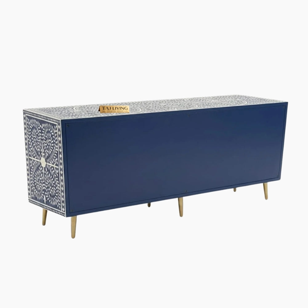 Bone Inlay Blue & White Floral 4-Door TV Unit Media Cabinet