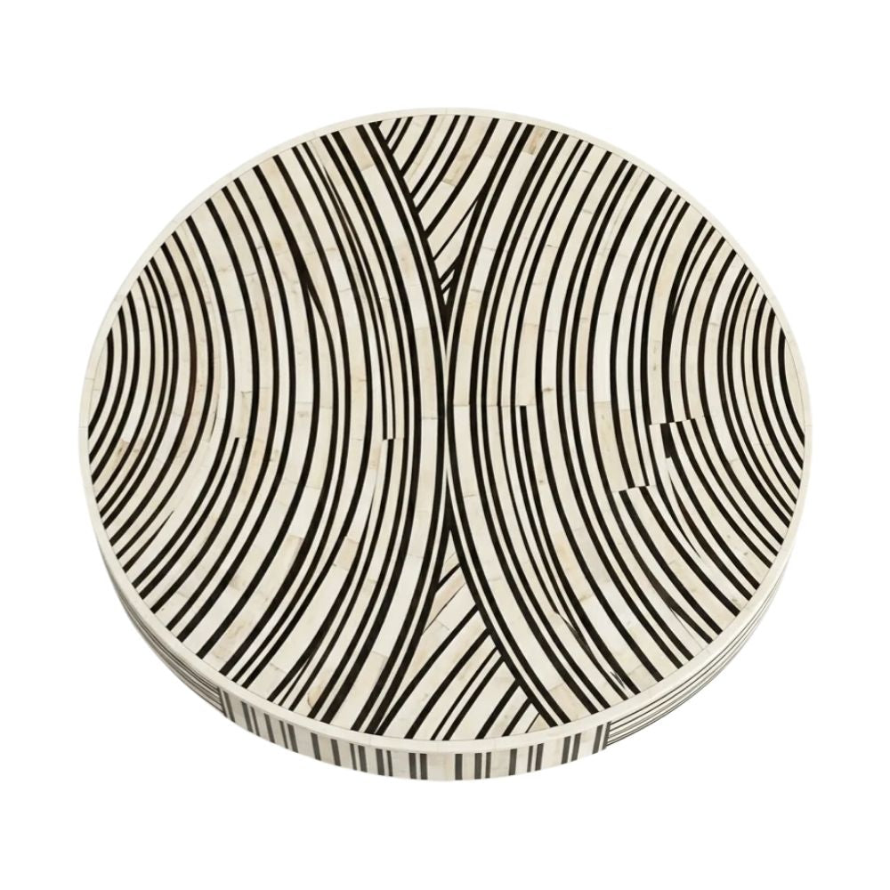 Black & White Bone Inlay Round Coffee Table with Brass Base