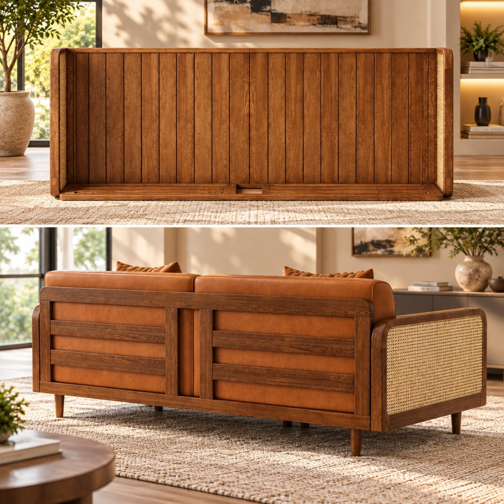 Nawabi Cane Panel Solid Teakwood 3-Seater Sofa Cum Bed