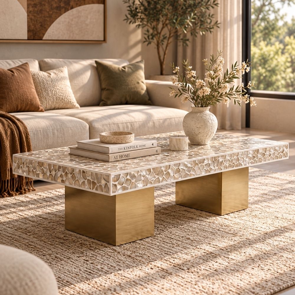 Mother of Pearl Inlay Rectangular Coffee Table, Luxury Modern Center Table