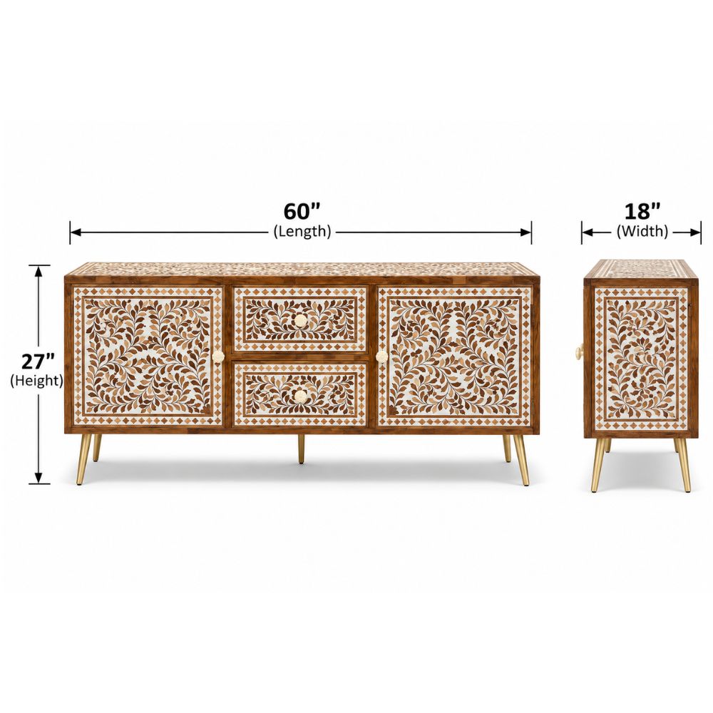 Charbagh Floral Inlay Sideboard – Handcrafted Wooden Storage Cabinet