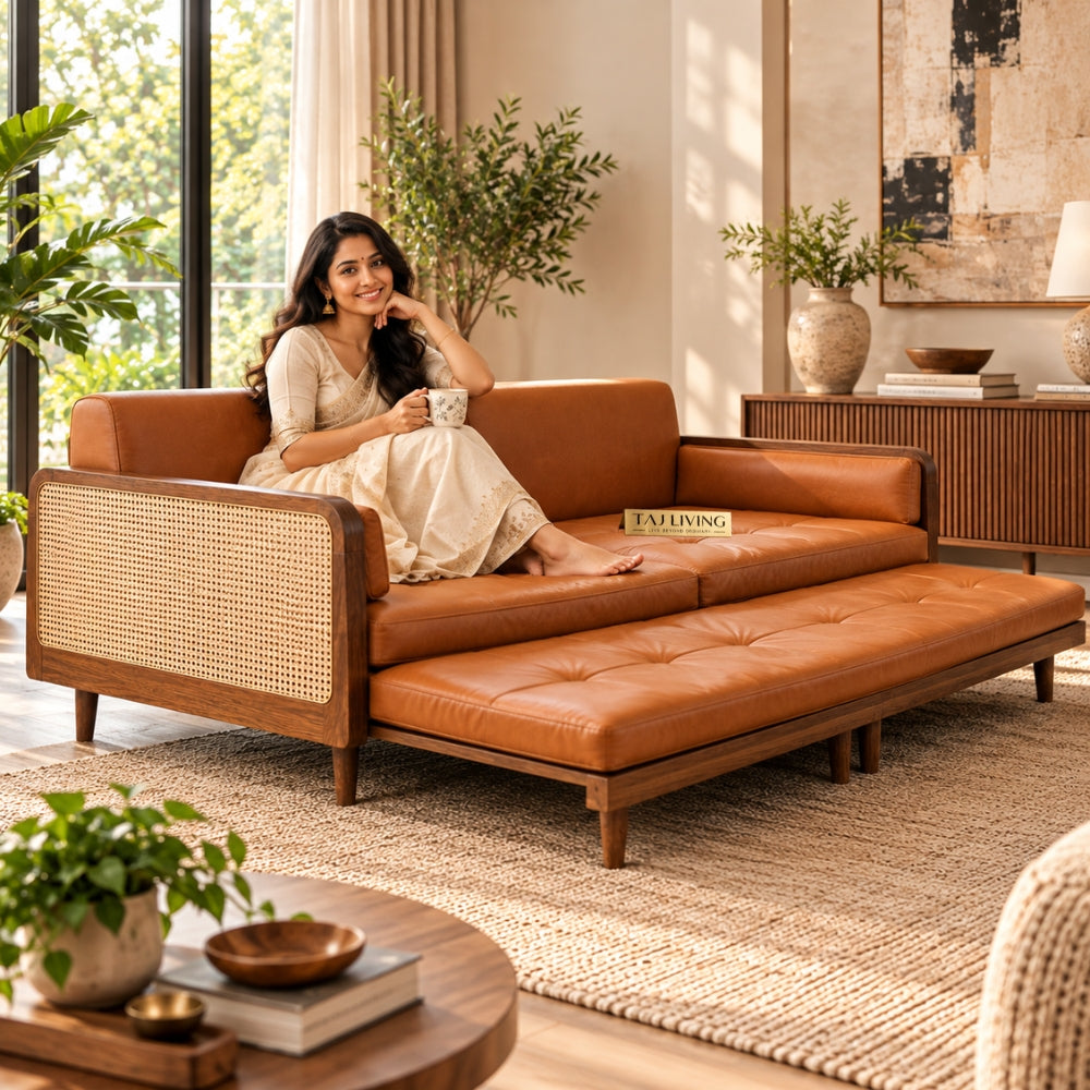 Nawabi Cane Panel Solid Teakwood 3-Seater Sofa Cum Bed